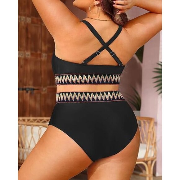 Two Piece V-Neck Tummy Control High Waisted Swimsuit Bikini Set Size16W - Picture 7 of 13